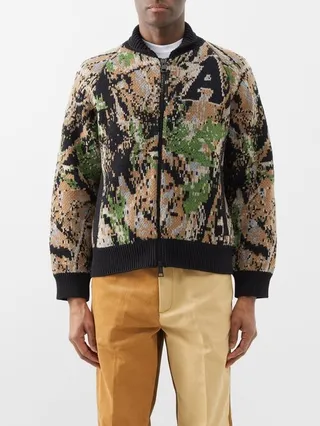 Camo-jacquard Knitted Bomber Jacket