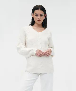 Merino Cashmere Cable V-Neck Sweater