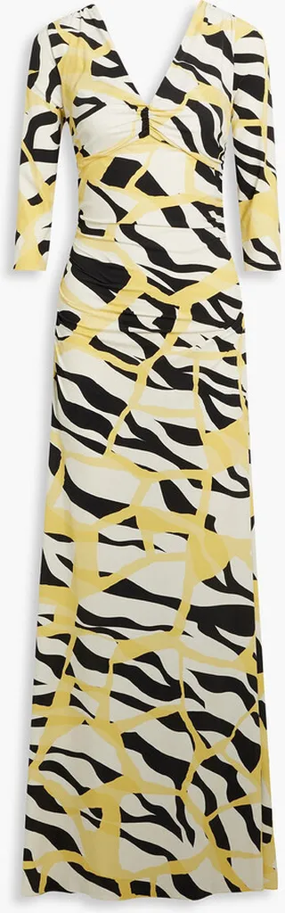 Ruched printed jersey maxi dress