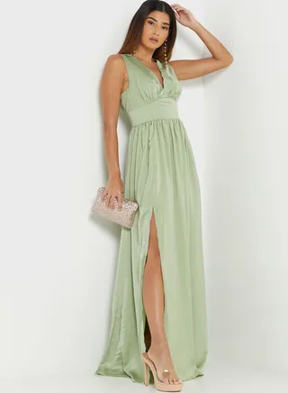 Plunge Neck Side Split Pleated Dress