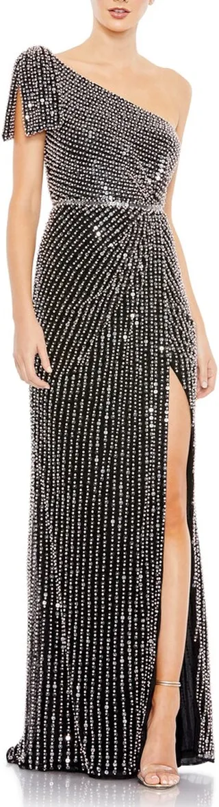 Beaded One-Shoulder Gown