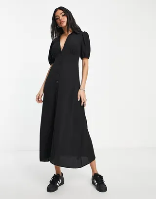 ASOS DESIGN button front midi shirt tea dress in black