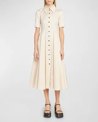 Cotton Button-Front Pleated Shirtdress