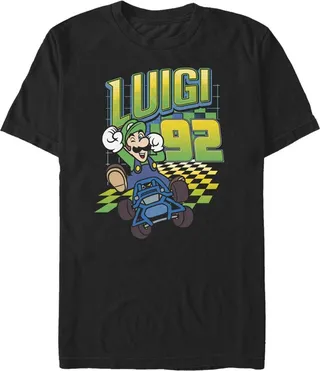 Men's Nintendo Mario Kart Luigi Neon Checkered 9Logo T-Shirt - Black - Medium