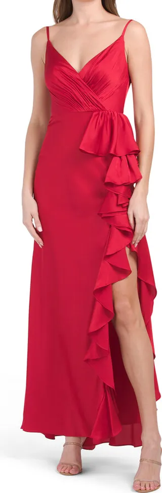 Satin Cascade Ruffle Front Gown With Slit