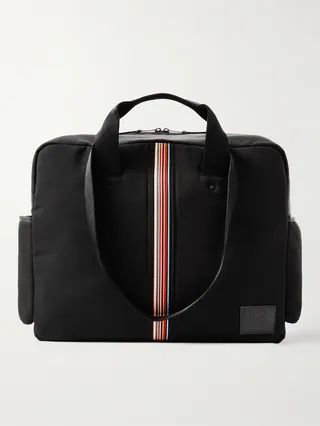 Stripe-Detailed Leather-Trimmed Mesh Weekend Bag