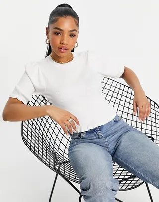 Miss Selfridge rib short sleeve tie back ruffle hem top in ivory