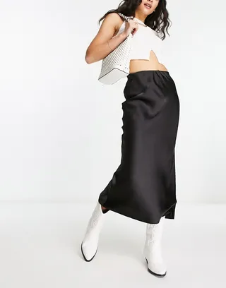 ASOS DESIGN longer length satin bias midi skirt in black
