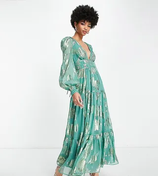 ASOS DESIGN Tall metallic channel detail midi dress with puff sleeves and tie back detail in green