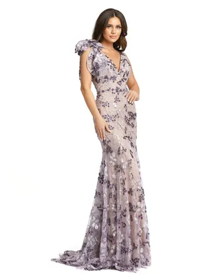 Embellished Sleeveless Bow Shoulder V Neck Trumpet