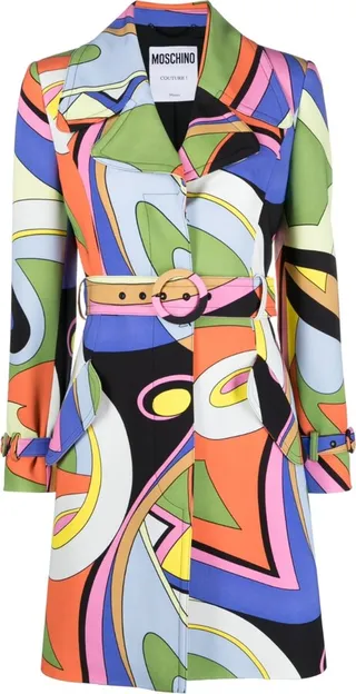 Art Deco-print belted coat