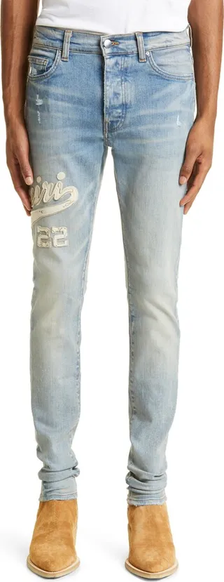 Varsity Logo Distressed Stretch Denim Skinny Jeans