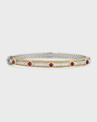 Mixed Metal Double Woven Rope Stone and Pave Diamond Bangle with Rhodolite Garnet