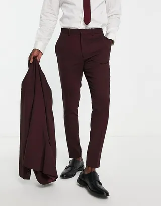 ASOS DESIGN Wedding super skinny suit pants in micro texture in burgundy