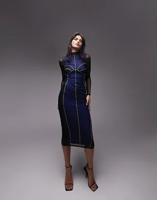 Topshop seamed corset body mapping mesh midi dress