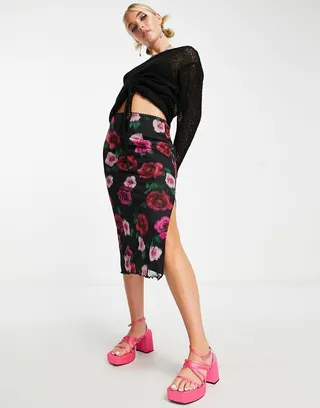 Miss Selfridge blurred rose mesh midi skirt