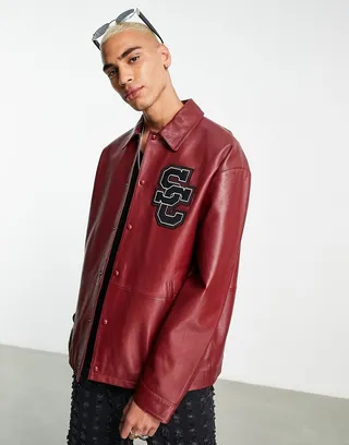ASOS DESIGN oversized real leather varsity harrington jacket in burgundy