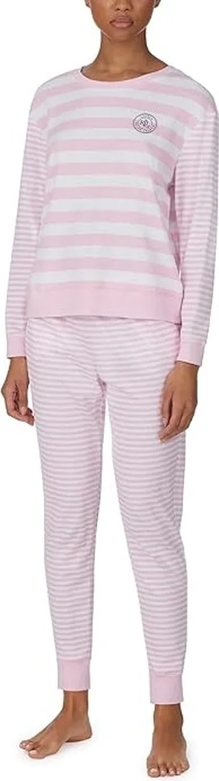 LAUREN Ralph Lauren Interlock Lounge Crew Neck Joggers PJ Set (Pink Stripe) Women's Pajama Sets