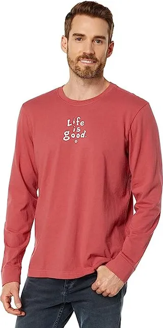 Life is Good LIG Vintage Wordmark Stacked Long Sleeve Crusher Tee (Faded Red) Men's T Shirt