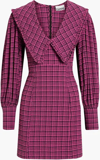 Ruffle-trimmed checked seersucker mini dress