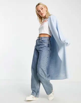 Miss Selfridge balloon sleeve maxi cardigan in pale blue