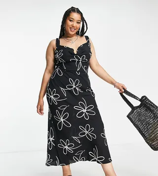 ASOS DESIGN Curve cowl neck corset detail maxi dress in mono bold floral
