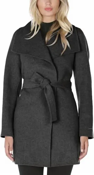 Wool Wrap Coat With Tie Belt in Deep Charcoal