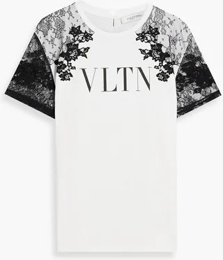 Lace-paneled printed cotton-jersey T-shirt