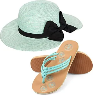 Aerusi Miss Anderson Floppy Straw Sun Hat and Foam Flip Flop Sandals Bundle Set