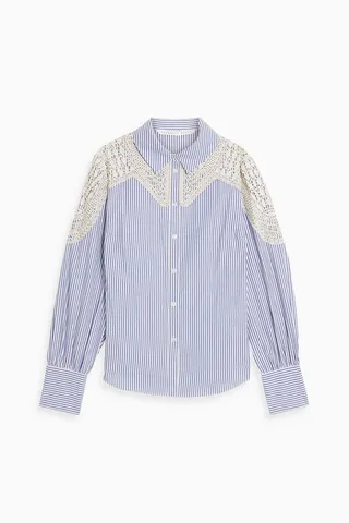Crochet-paneled striped cotton-poplin shirt