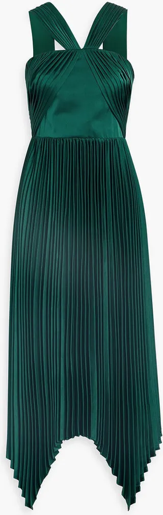 Eleanora asymmetric pleated satin midi dress