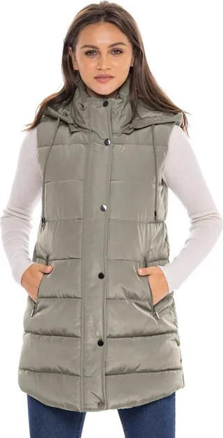 Women's Long Puffer Vest with Hood - S.E.B. By SEBBY Tan Medium