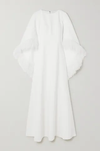 Huishan Zhang - Christelle Cape-effect Feather-trimmed Crepe Gown - White