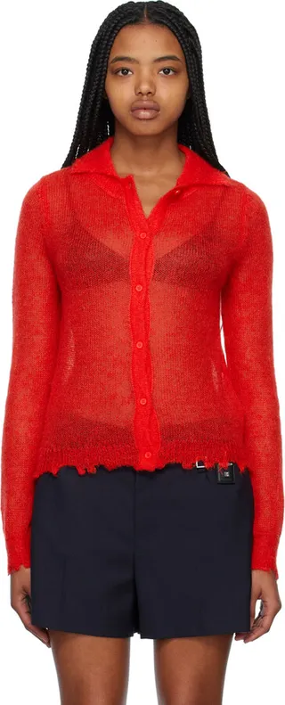 We11done Red Destroyed Cardigan