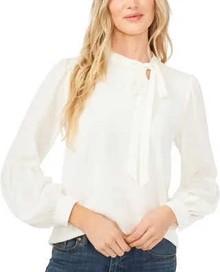 CeCe Women's Solid Long Sleeve Tie-Neck Puff-Sleeve Blouse