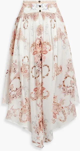 Asymmetric printed silk-georgette midi skirt