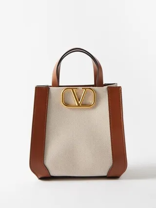 V-logo Small Leather-trim Canvas Tote Bag