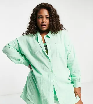 ASOS DESIGN Curve textured button through beach shirt in pastel green