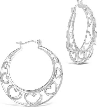 Rhodium Plated Cut Out Heart Hoop Earrings
