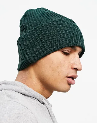 ASOS DESIGN rib beanie with deep turn up in dark green