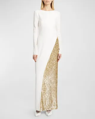 Metallic Jacquard Layered Open-Back Evening Gown