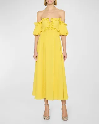 Ruffle Empire-Waist Off-The-Shoulder Midi Dress