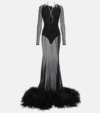 Feather-trimmed cutout gown