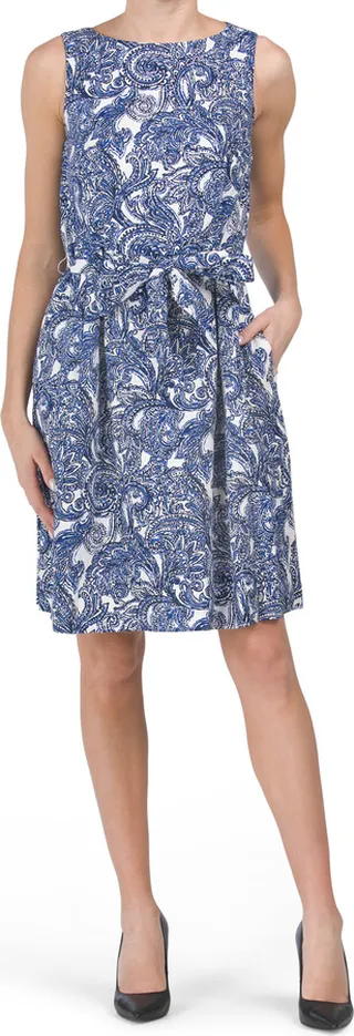 Linen Blend Chelsea Sleeveless Boat Neck Paisley Dress