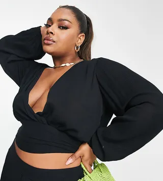ASOS DESIGN Curve wrap tie long sleeve beach crop top in black - part of a set