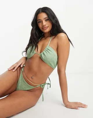 ASOS DESIGN mix & match crinkle upside down triangle bikini top in khaki