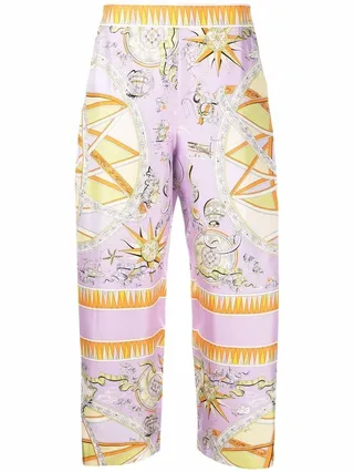 Astrolabio-print cropped silk-twill trousers