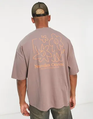 ASOS DESIGN oversized t-shirt in brown with floral line drawing back print