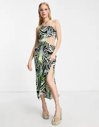 Topshop graphic swirl halter midi dress in multi
