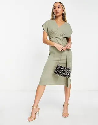 ASOS DESIGN twist and drape front midi dress in khaki